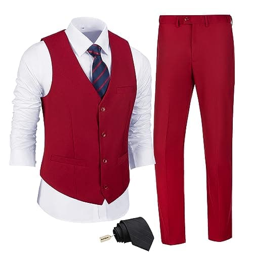 JPF Men's Slim Fit Suit Set - Solid Vest & Pants with Tie