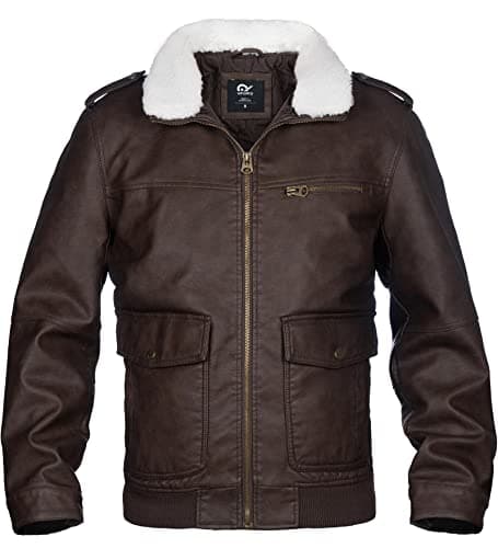 Whattry Men's Padded Faux Leather Windbreaker Jacket with Hood
