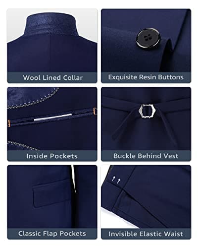 MY'S Men's 3-Piece Slim Fit Suit Set with Blazer, Vest, Pants, and Tie for Weddings