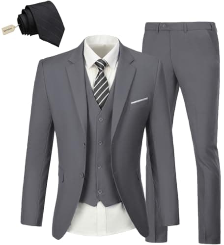KLAYOVE Men's Slim Fit 3-Piece Wedding Tuxedo Set with Blazer, Vest, Pants, and Tie