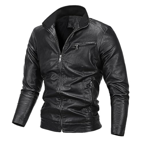 Vintage Men's Leather Stand Collar Faux Biker Jacket | Waterproof Long Sleeve