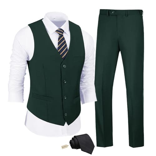 JPF Men's Slim Fit Suit Set - Solid Vest & Pants with Tie