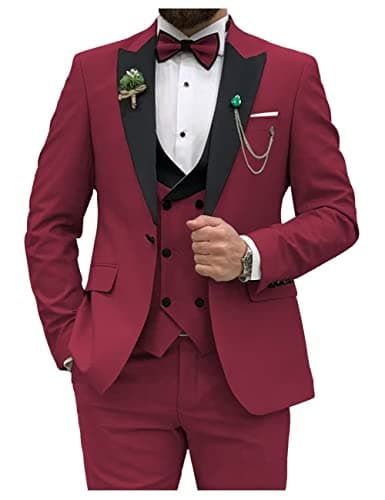 HUUTOE Men's Slim Fit Double Breasted Suit 3-Piece Wedding Prom Business Blazer Vest Pants Tie