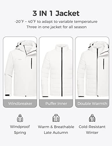 Wantdo Men's Waterproof 3-in-1 Ski & Snowboarding Jacket Windproof Warm Coat with Detachable Puffer