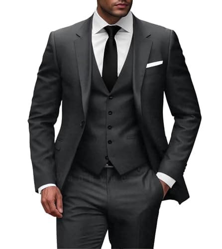 Wangyue Men Slim Fit 3-Piece Solid Wedding Suit Single Breasted Blazer Vest Pants Set