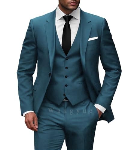 Wangyue Men Slim Fit 3-Piece Solid Wedding Suit Single Breasted Blazer Vest Pants Set