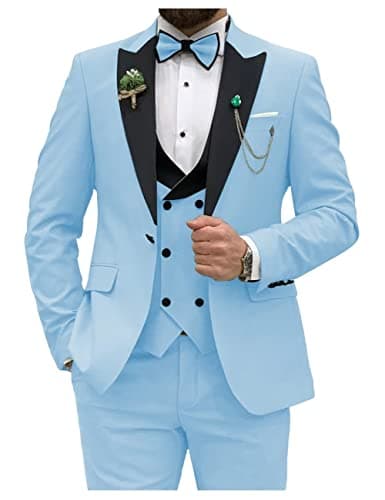 HUUTOE Men's Slim Fit Double Breasted Suit 3-Piece Wedding Prom Business Blazer Vest Pants Tie
