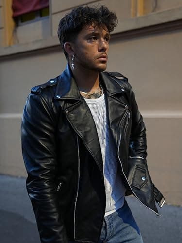TLC Men's Notch Collar Leather Biker Jacket - Black with Zipper Cuff