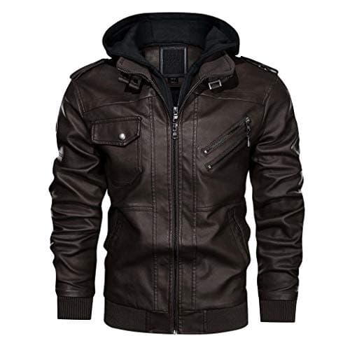 Men's Vintage Motorcycle Biker Jacket with Removable Hood for Fall/Winter