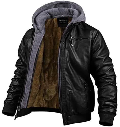 Men's Faux Leather Motorcycle Jacket with Removable Hood