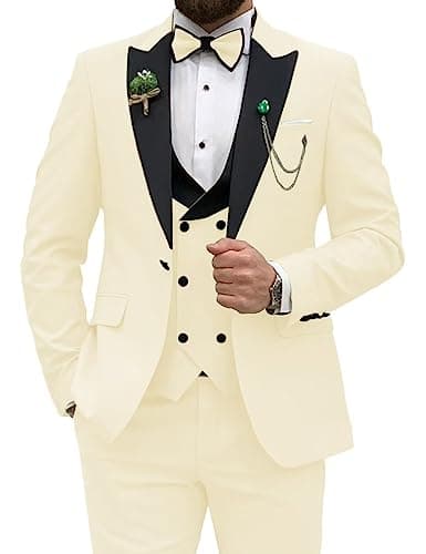 HUUTOE Men's Slim Fit Double Breasted Suit 3-Piece Wedding Prom Business Blazer Vest Pants Tie