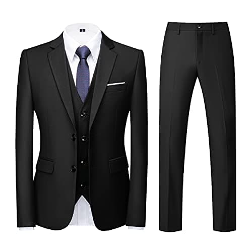 KUDORO Mens Slim Fit 3 Piece Tuxedo Suit Two Button Jacket & Trouser Vest Casual Wedding Prom