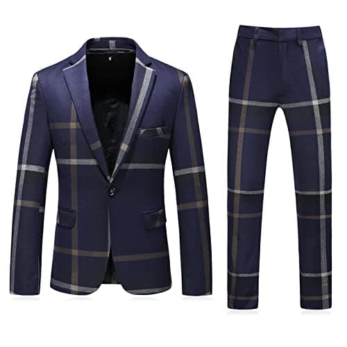 Kudoro Mens Plaid Slim Fit Tuxedo Suit Casual Blazer Pants for Weddings Business