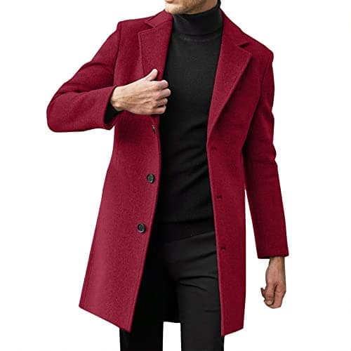 PETCDIM Men's Notched Collar Trench Coat Winter Warm Regular Fit Pea Jacket