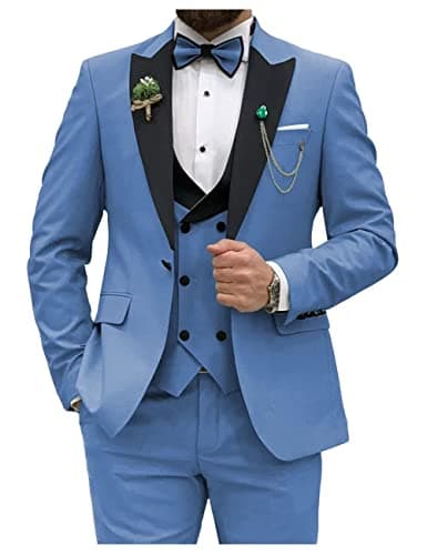 HUUTOE Men's Slim Fit Double Breasted Suit 3-Piece Wedding Prom Business Blazer Vest Pants Tie