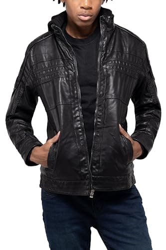 X RAY Men's Hooded PU Leather Jacket, Black, Large