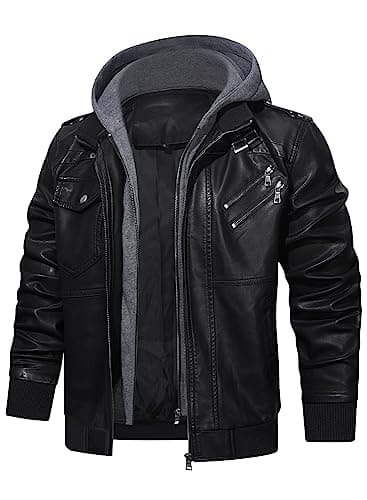 HOOD CREW Men's Casual PU Faux Leather Zip-Up Bomber Jacket with Removable Hood