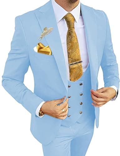 Wangyue Men's 3-Piece Slim Fit Double Breasted Suit for Business, Weddings & Proms