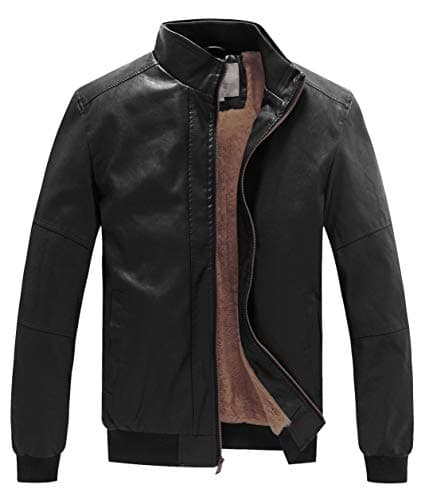 WenVen Men's Faux Leather Collar Bomber Jacket with Fleece Lining