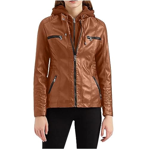 YMADREIG Women's Faux Leather Zip-Up Hooded Moto Jacket