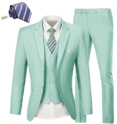 KLAYOVE Men's Slim Fit 3-Piece Wedding Tuxedo Set with Blazer, Vest, Pants, and Tie