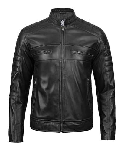 Cafe Racer Leather Jacket Men - Real Lambskin Natural Grain Motorcycle Jacket
