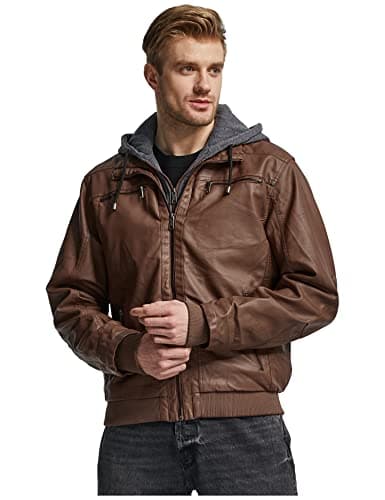 WantDo Men's Faux Leather Motorcycle Jacket with Hood Casual Winter Coat