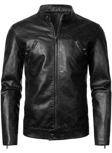 HOOD CREW Men's Lightweight Vintage Faux Leather Biker Jacket