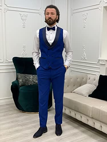 HUUTOE Men's Slim Fit Double Breasted Suit 3-Piece Wedding Prom Business Blazer Vest Pants Tie