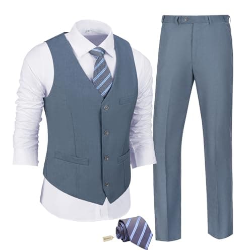 JPF Men's Slim Fit Suit Set - Solid Vest & Pants with Tie