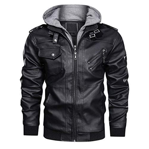 Men's Vintage Motorcycle Biker Jacket with Removable Hood for Fall/Winter