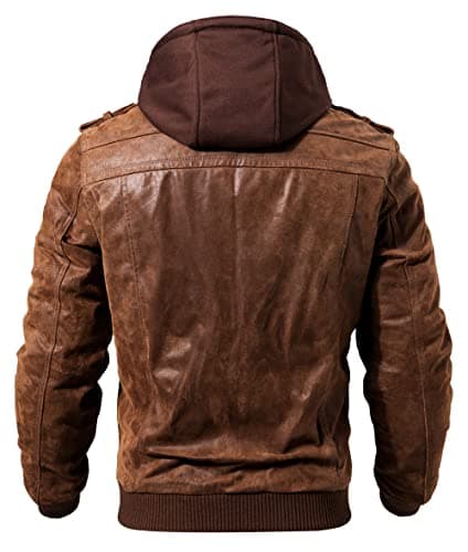 Men's Brown Leather Motorcycle Jacket with Removable Hood