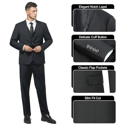 DEETRUST Men's Slim Fit 3 Piece Suit Set with Blazer and Multi-Functional Pockets
