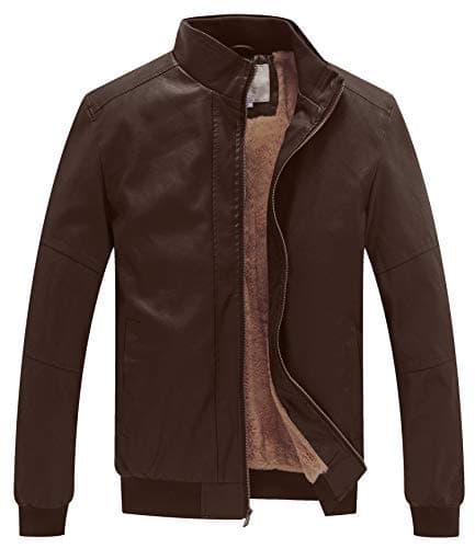 WenVen Men's Faux Leather Collar Bomber Jacket with Fleece Lining