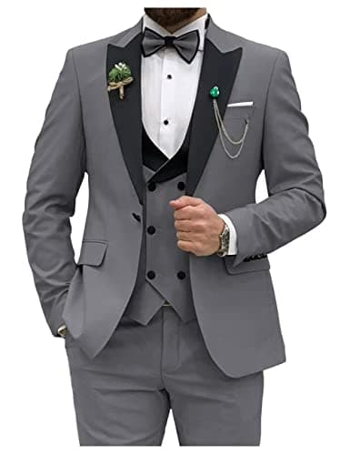 HUUTOE Men's Slim Fit Double Breasted Suit 3-Piece Wedding Prom Business Blazer Vest Pants Tie