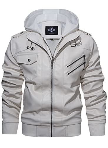 HOOD CREW Men's Casual PU Faux Leather Zip-Up Bomber Jacket with Removable Hood