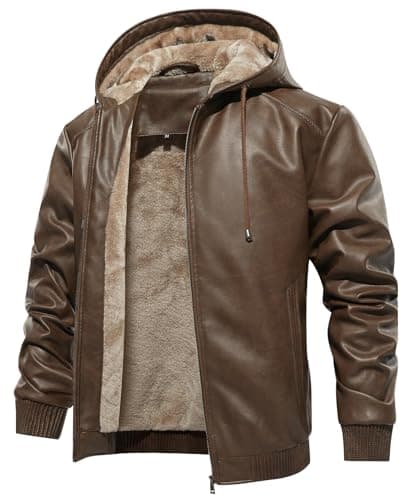 MANSDOUR Men's Warm Black Fleece Lined Motorcycle Jacket with Hood