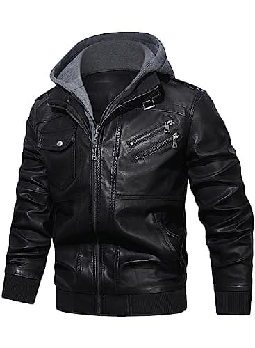 HOOD CREW Men's Casual PU Faux Leather Zip-Up Bomber Jacket with Removable Hood