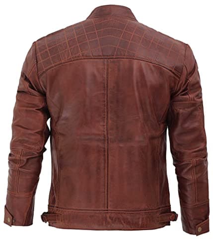 Fjackets Quilted Lambskin Leather Cafe Racer Jacket - Men's Zip Up Moto Jacket