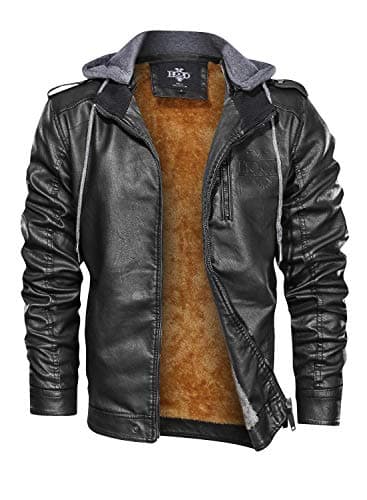 HOOD CREW Men's Faux Leather Zip-Up Motorcycle Jacket with Removable Hood