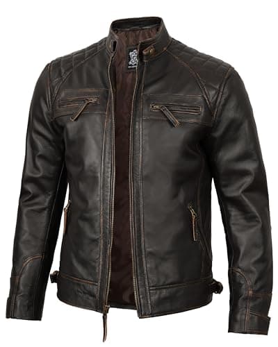 Fjackets Quilted Lambskin Leather Cafe Racer Jacket - Men's Zip Up Moto Jacket