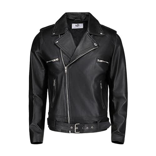 TLC Men's Notch Collar Leather Biker Jacket - Black with Zipper Cuff