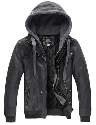 Wantdo Men's Faux Leather Casual Warm Hooded Winter Motorcycle Jacket