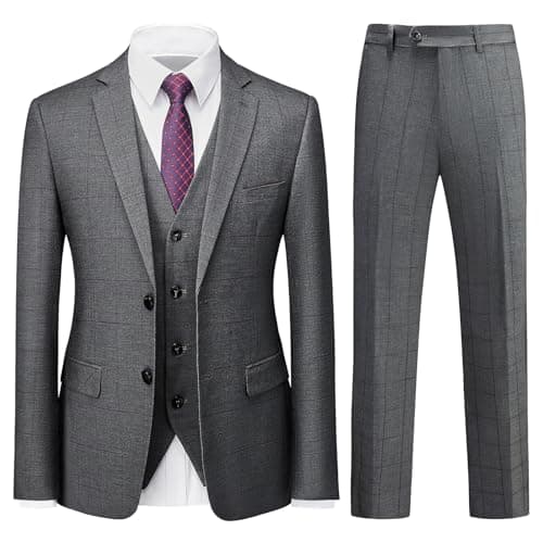 KUDMOL Mens Vintage Plaid Suit 3-Piece Casual Tuxedo for Weddings and Business Parties
