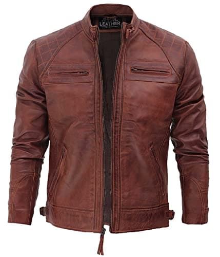 Fjackets Quilted Lambskin Leather Cafe Racer Jacket - Men's Zip Up Moto Jacket
