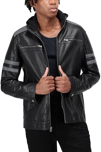 X RAY Men's Hooded PU Leather Jacket, Black, Large