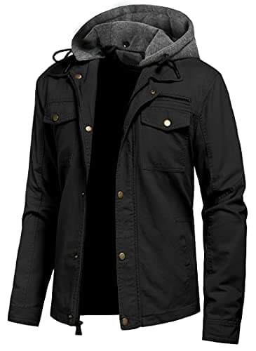 Pursky Men's Canvas Cotton Casual Field Jacket with Removable Hood