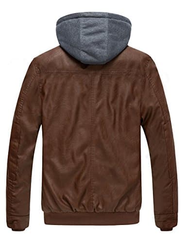 WantDo Men's Faux Leather Motorcycle Jacket with Hood Casual Winter Coat