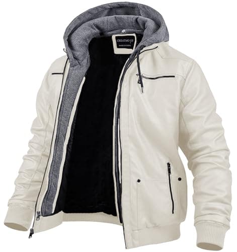 Men's Faux Leather Motorcycle Jacket with Removable Hood