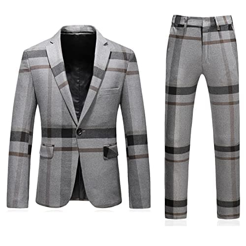 Kudoro Mens Plaid Slim Fit Tuxedo Suit Casual Blazer Pants for Weddings Business